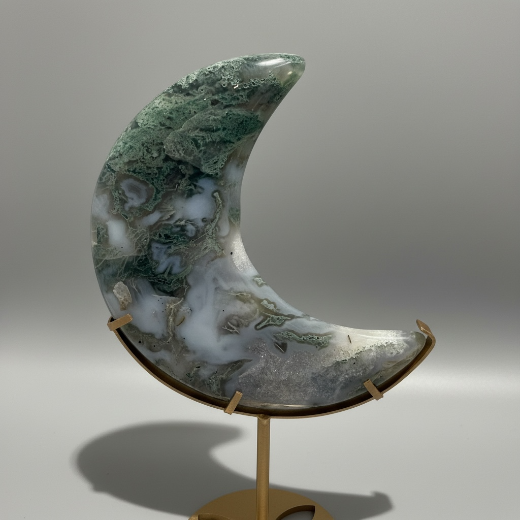 Moss Agate Crescent Moon on Gold Stand – 12.5 x 11 cm (22 cm with Stand) C14