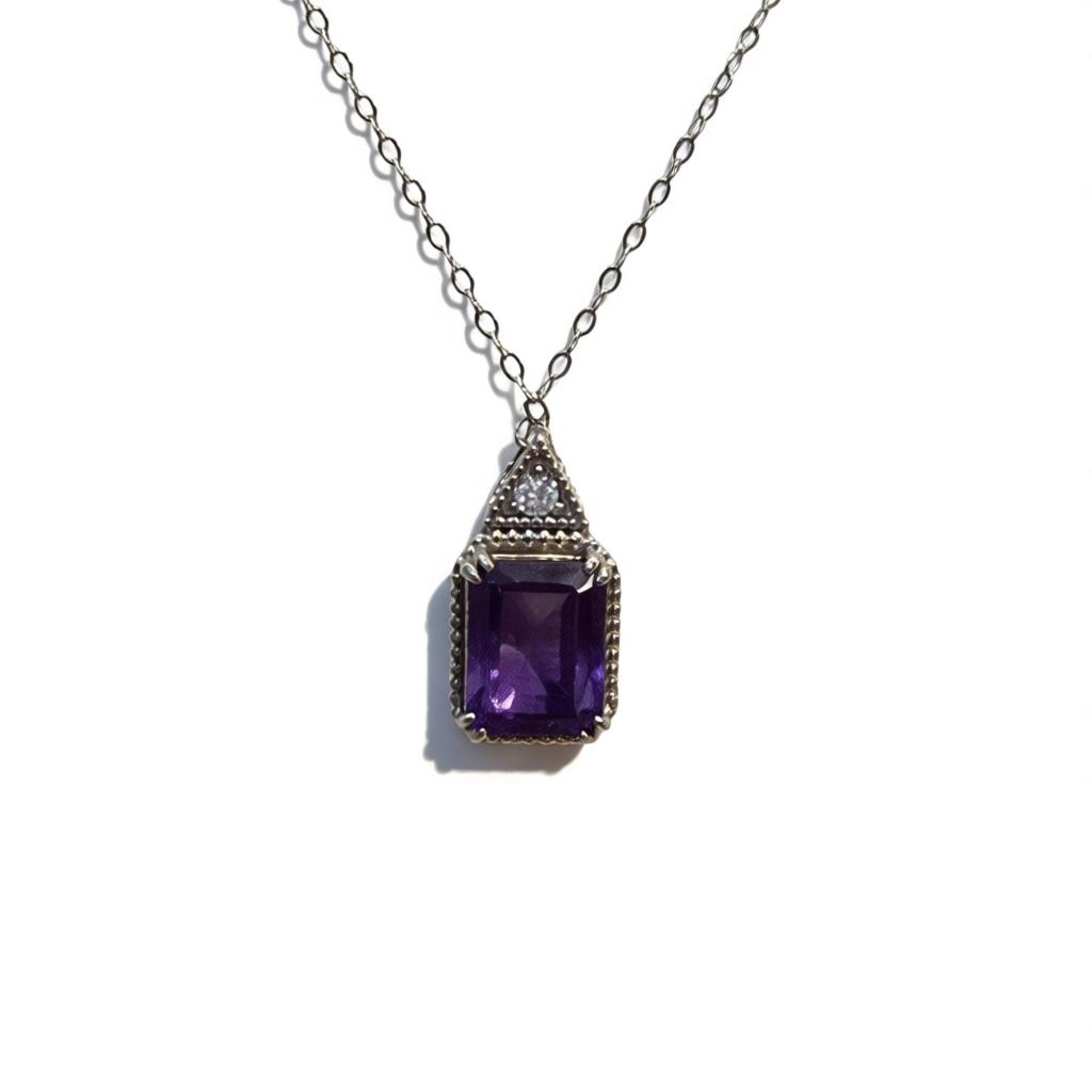Amethyst Emerald Cut Necklace – Sterling Silver 92.5 – 9 x 5 mm Natural Amethyst