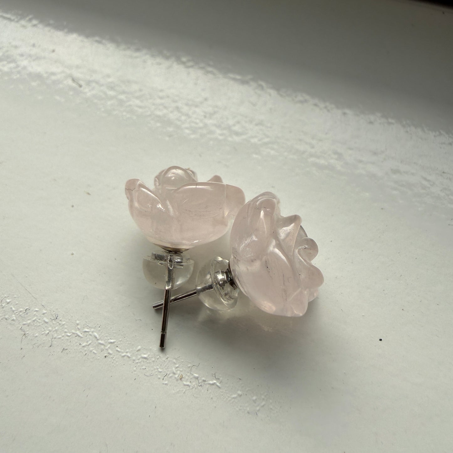Carved Rose Quartz Rose Stud Earrings – 9 x 9 mm – Sterling Silver