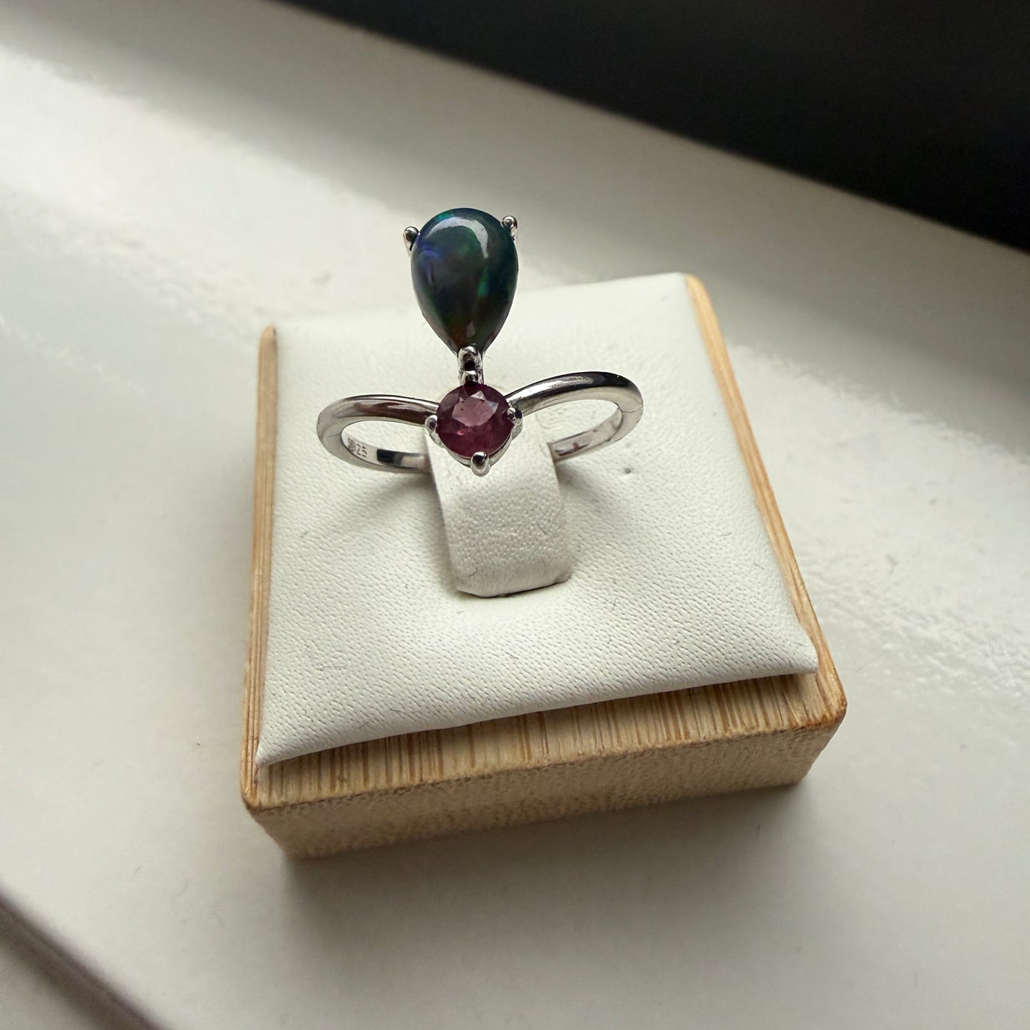 Teardrop Black Opal and Pink Tourmaline Ring – Sterling Silver Size 7.5