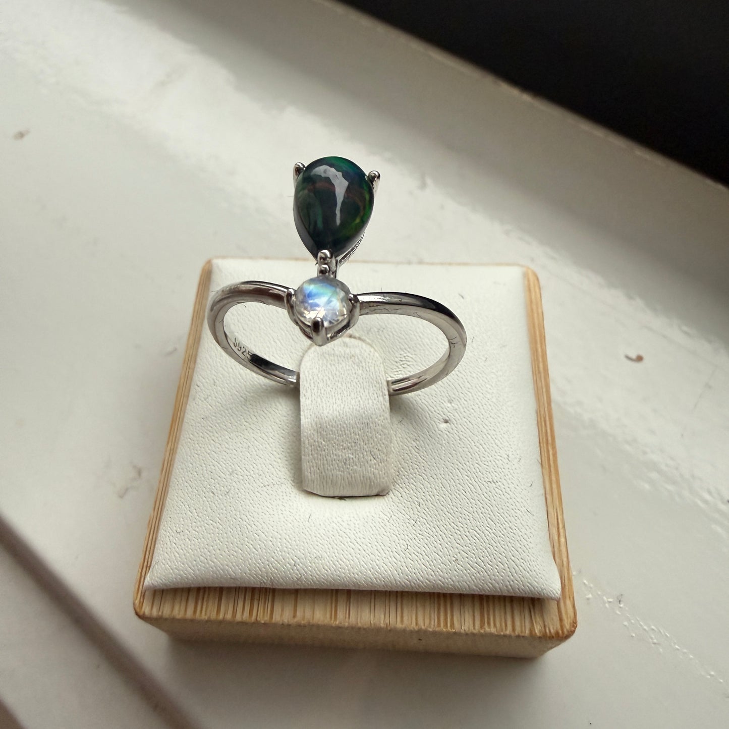 Black Opal and Rainbow Moonstone Ring on sterling silver, size 9.