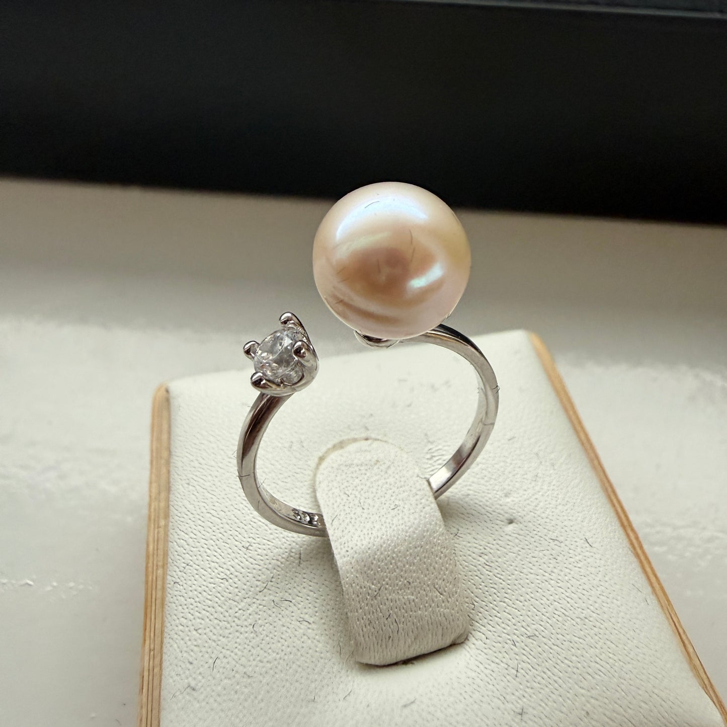 Peach Freshwater Pearl Ring with CZ Accent – Adjustable Sterling Silver (9 mm Pearl)