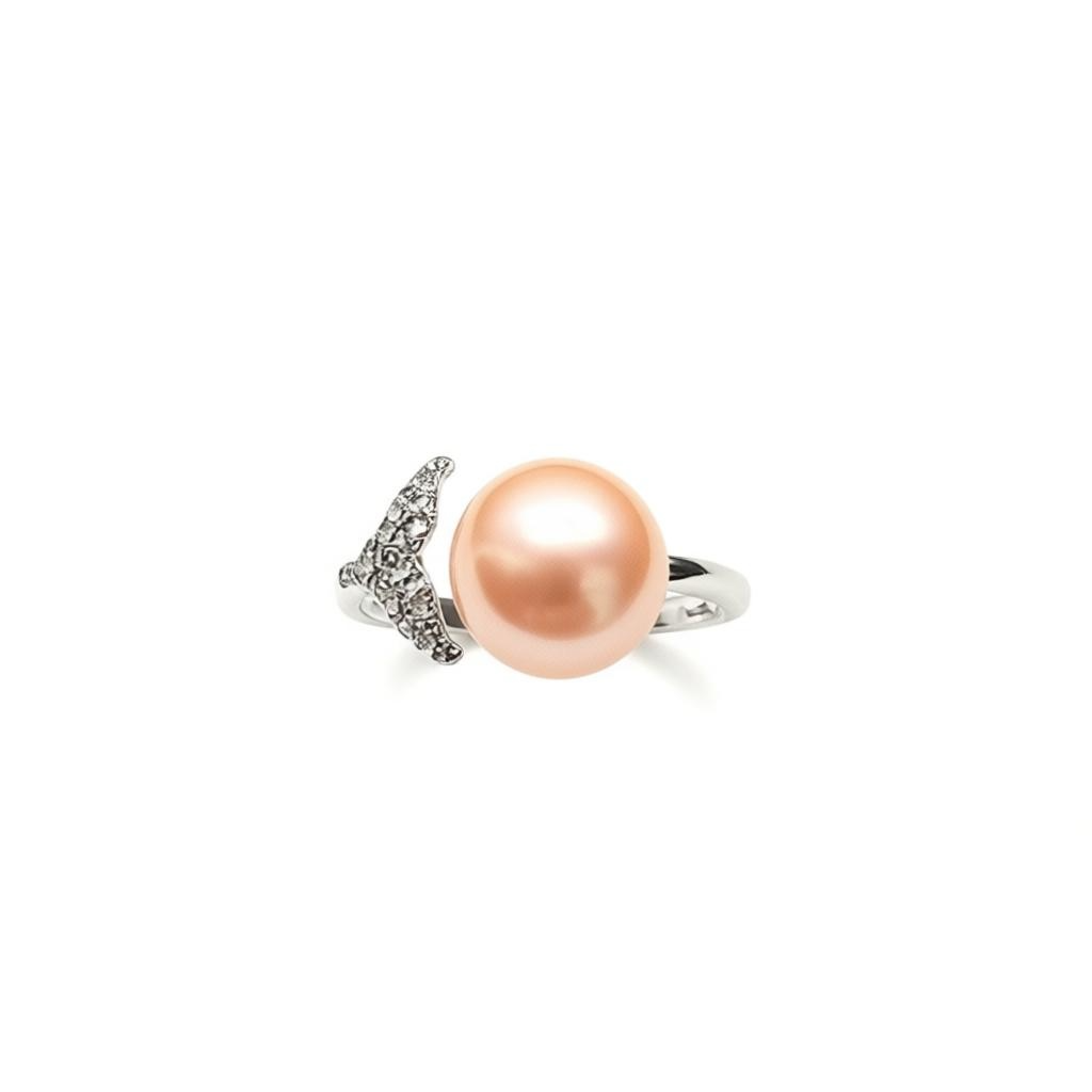Orange Freshwater Pearl Whale Tail Ring – Adjustable Sterling Silver (7 mm Pearl)