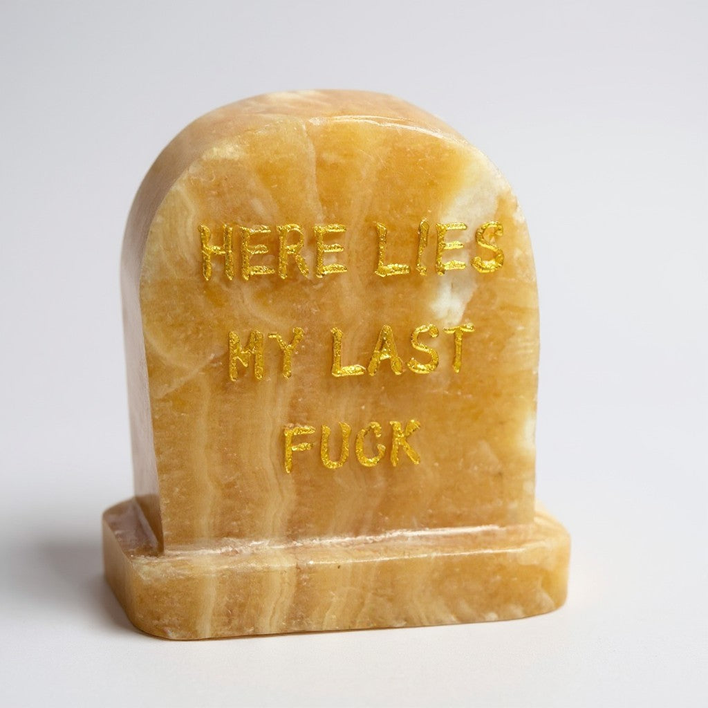 Yellow Calcite “Here Lies My Last F*ck” Tombstone – 6.5–7 cm