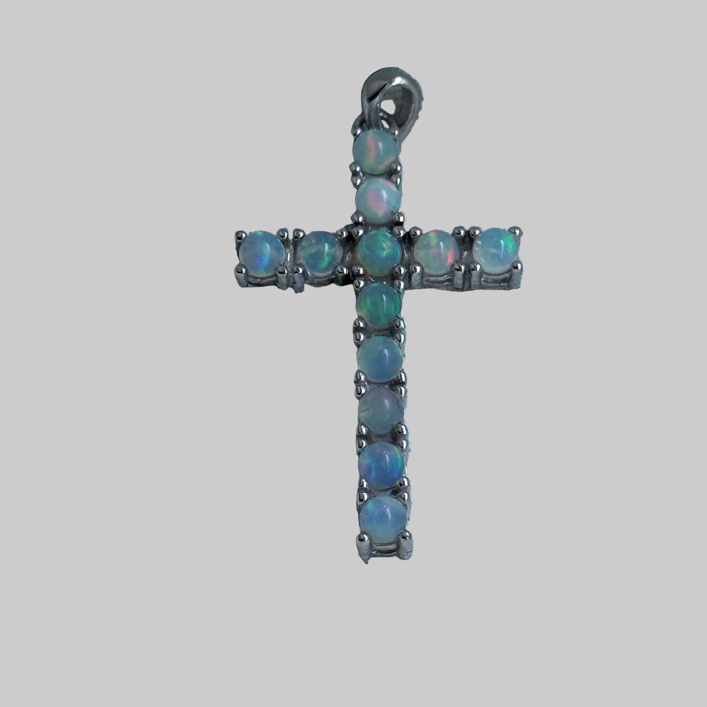 Luminous Opal Faith Cross Pendant – Sterling Silver (3 x 2 cm)
