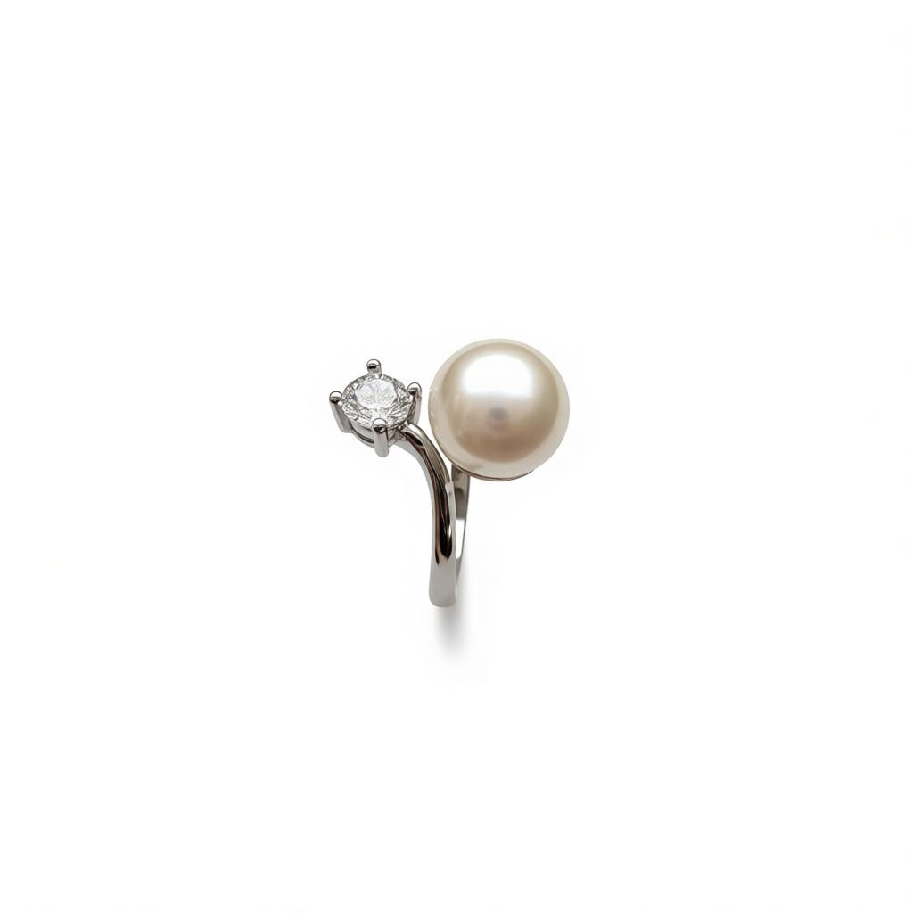 White Freshwater Pearl Ring with CZ Accent – Adjustable Sterling Silver (9 mm Pearl)