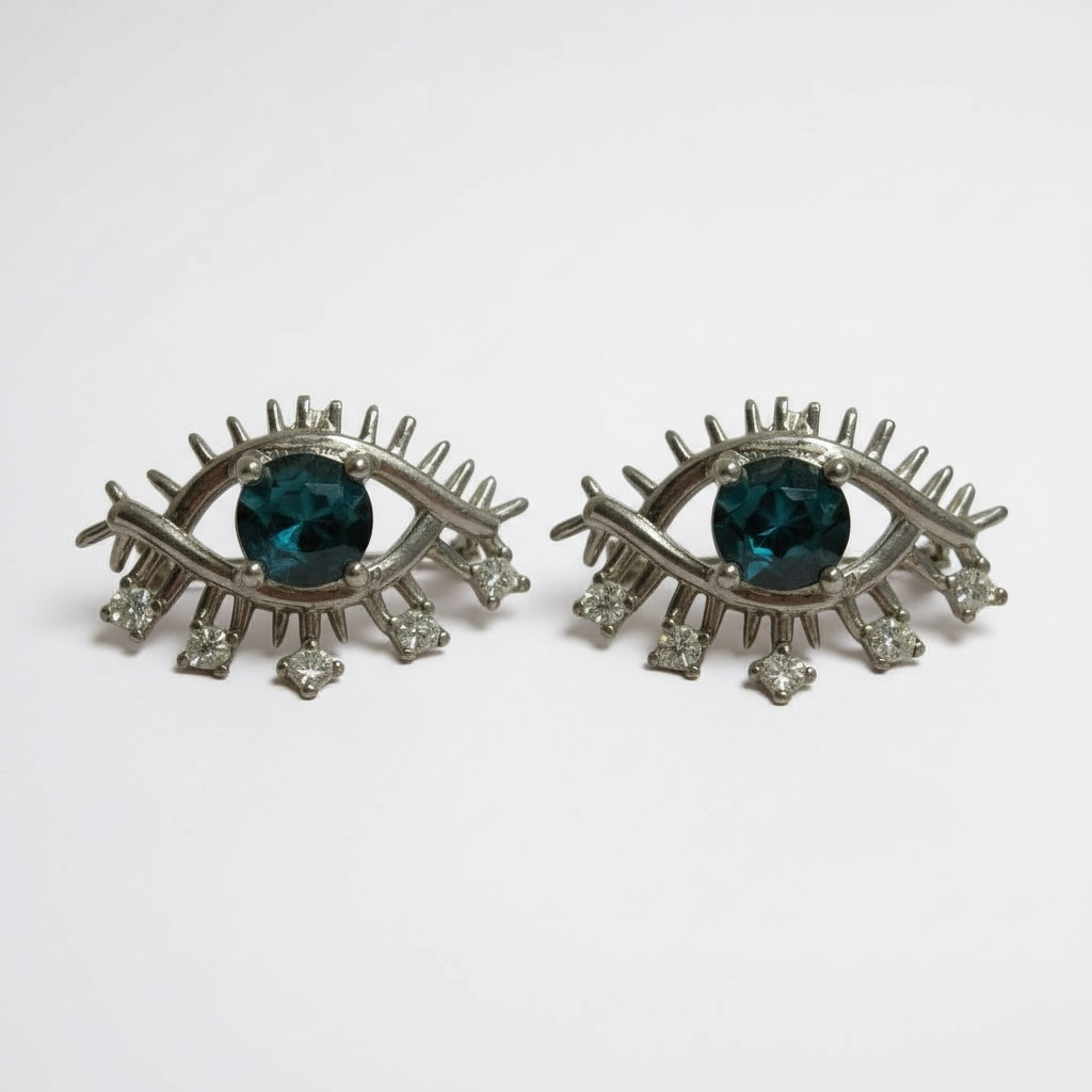 Deep Blue Evil Eye Stud Earrings – Blue Topaz & White Alloy (14 mm)