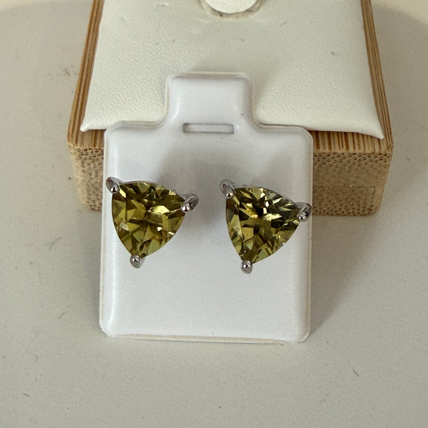 Lemon Quartz Trillion Cut Stud Earrings – 9 x 9 mm – Sterling Silver