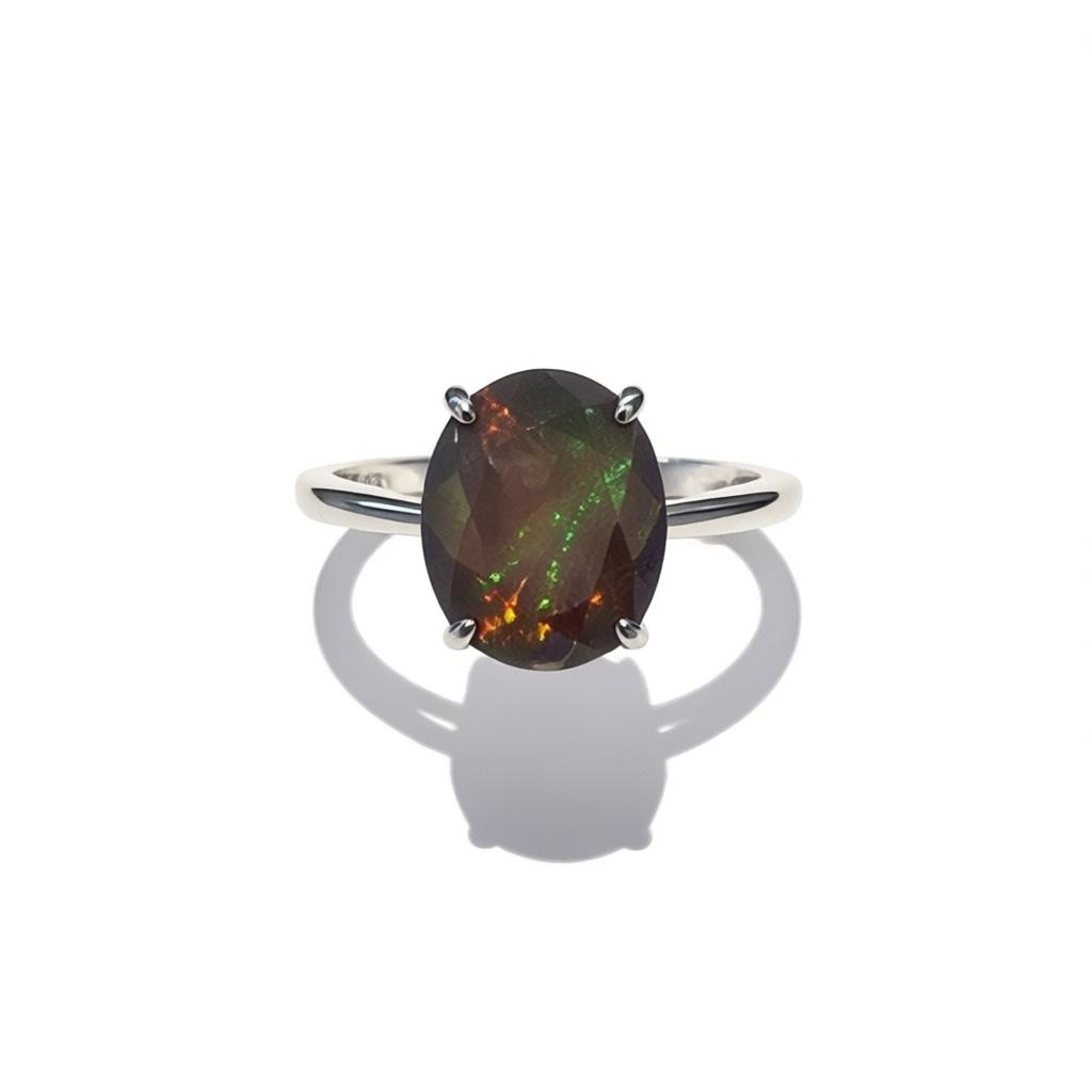 Faceted Black Opal Oval Ring – Sterling Silver Size 6
