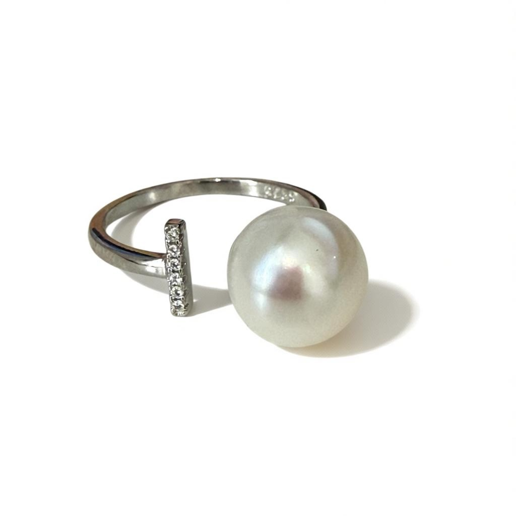 Freshwater Pearl Ring with Cubic Zirconia Bar – Adjustable