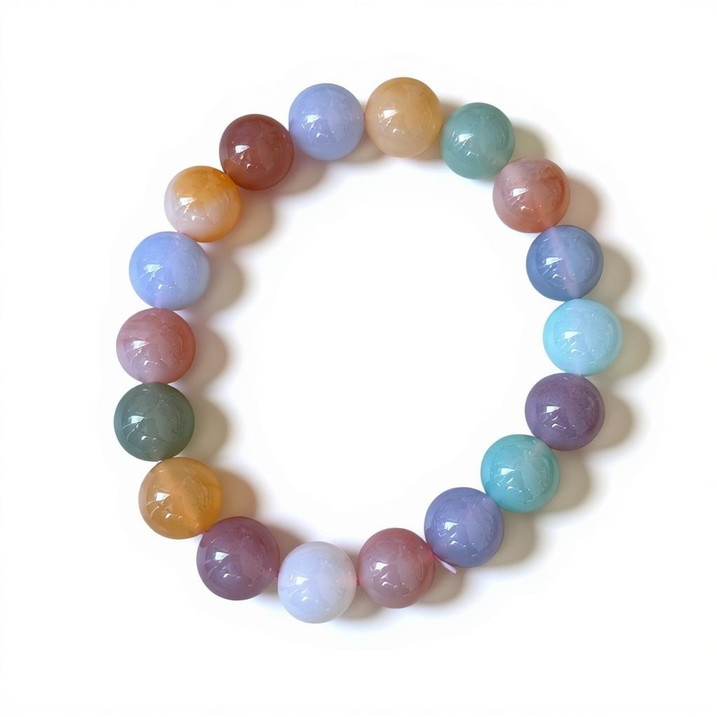 High grade natural 12 mm multicoloured agate bracelet with pastel tones. Known for grounding and balancing energy.