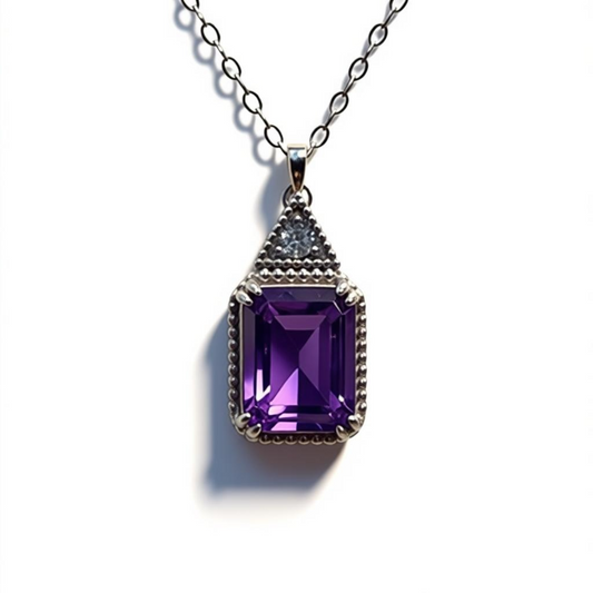 Amethyst Emerald Cut Necklace – Sterling Silver 92.5 – 9 x 5 mm Natural Amethyst