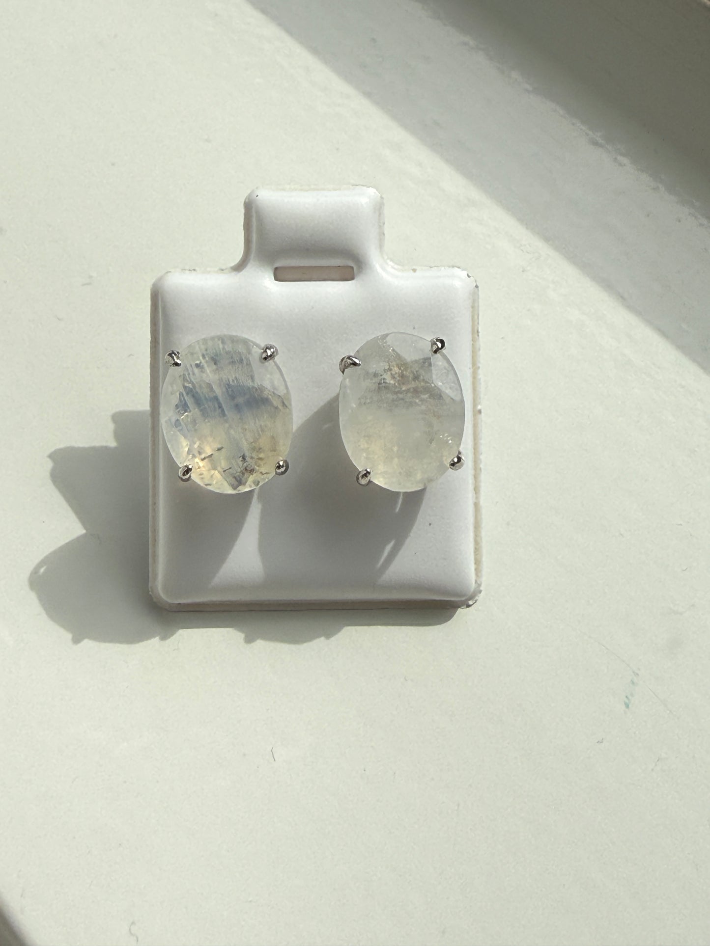 Oval Blue Moonstone Stud Earrings – 11 x 10 mm – Sterling Silver