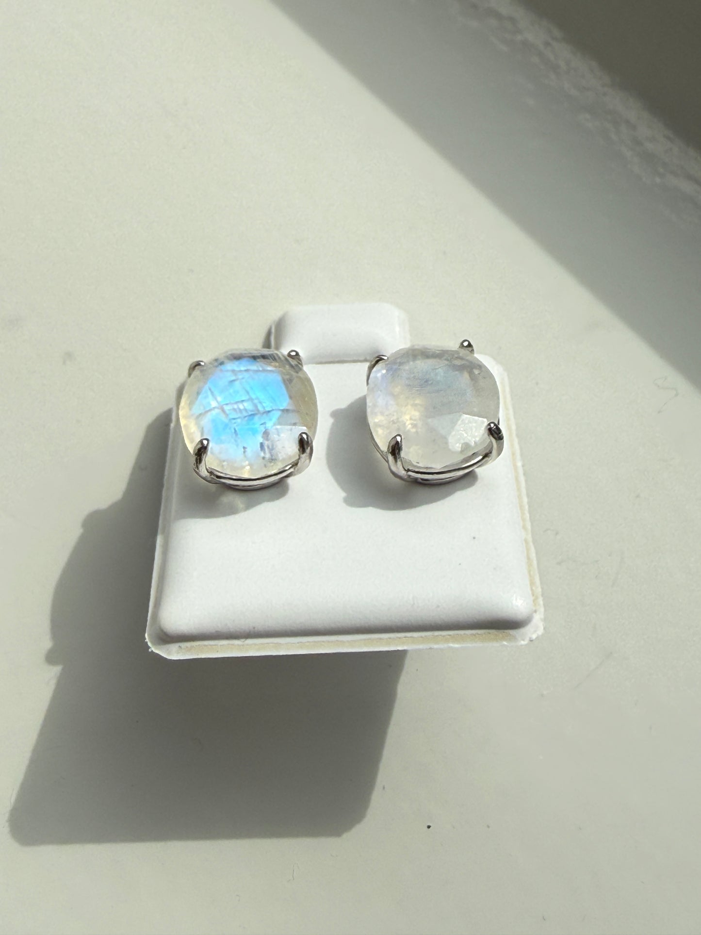 Oval Blue Moonstone Stud Earrings – 11 x 10 mm – Sterling Silver