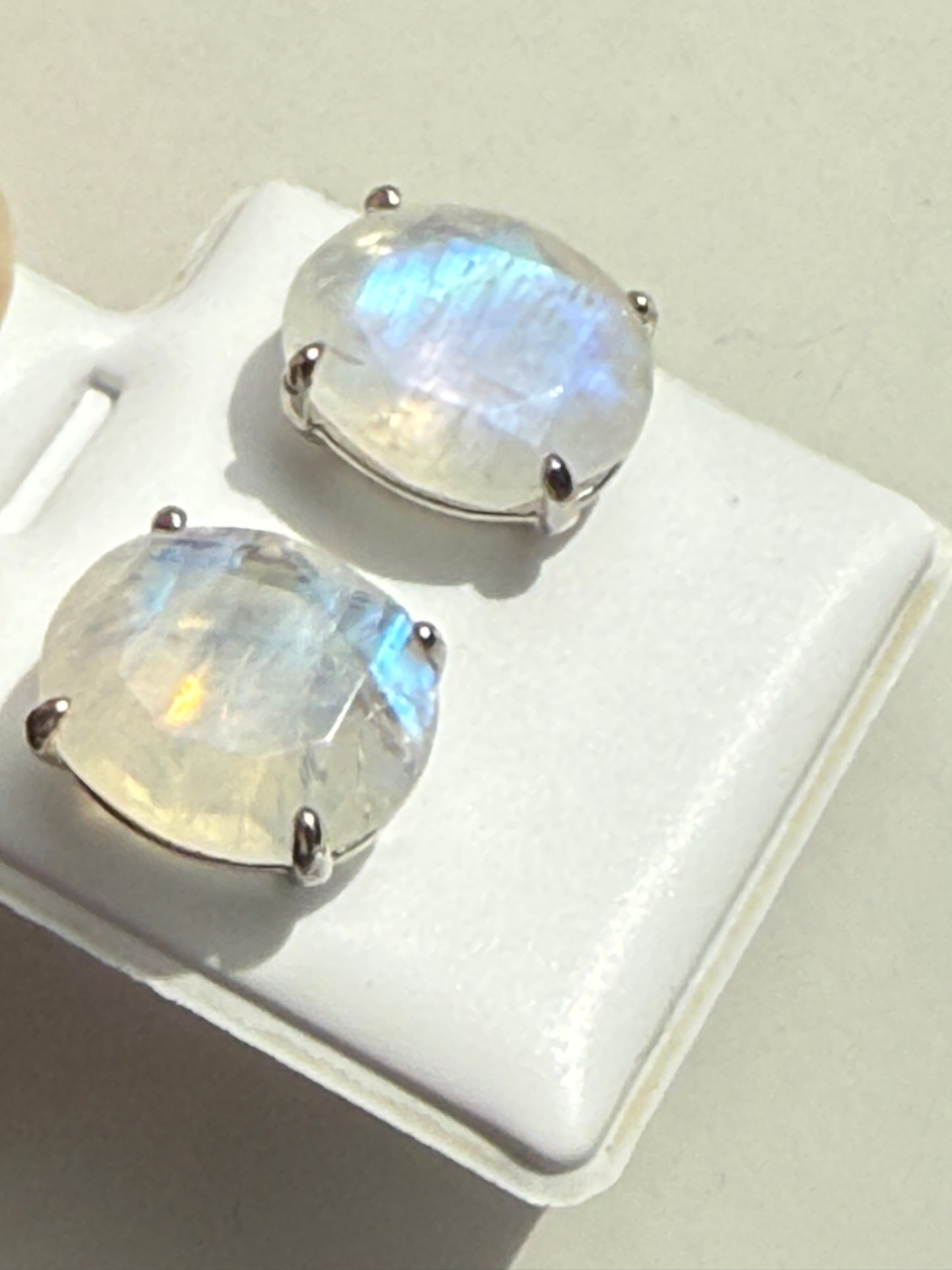 Oval Blue Moonstone Stud Earrings – 11 x 10 mm – Sterling Silver