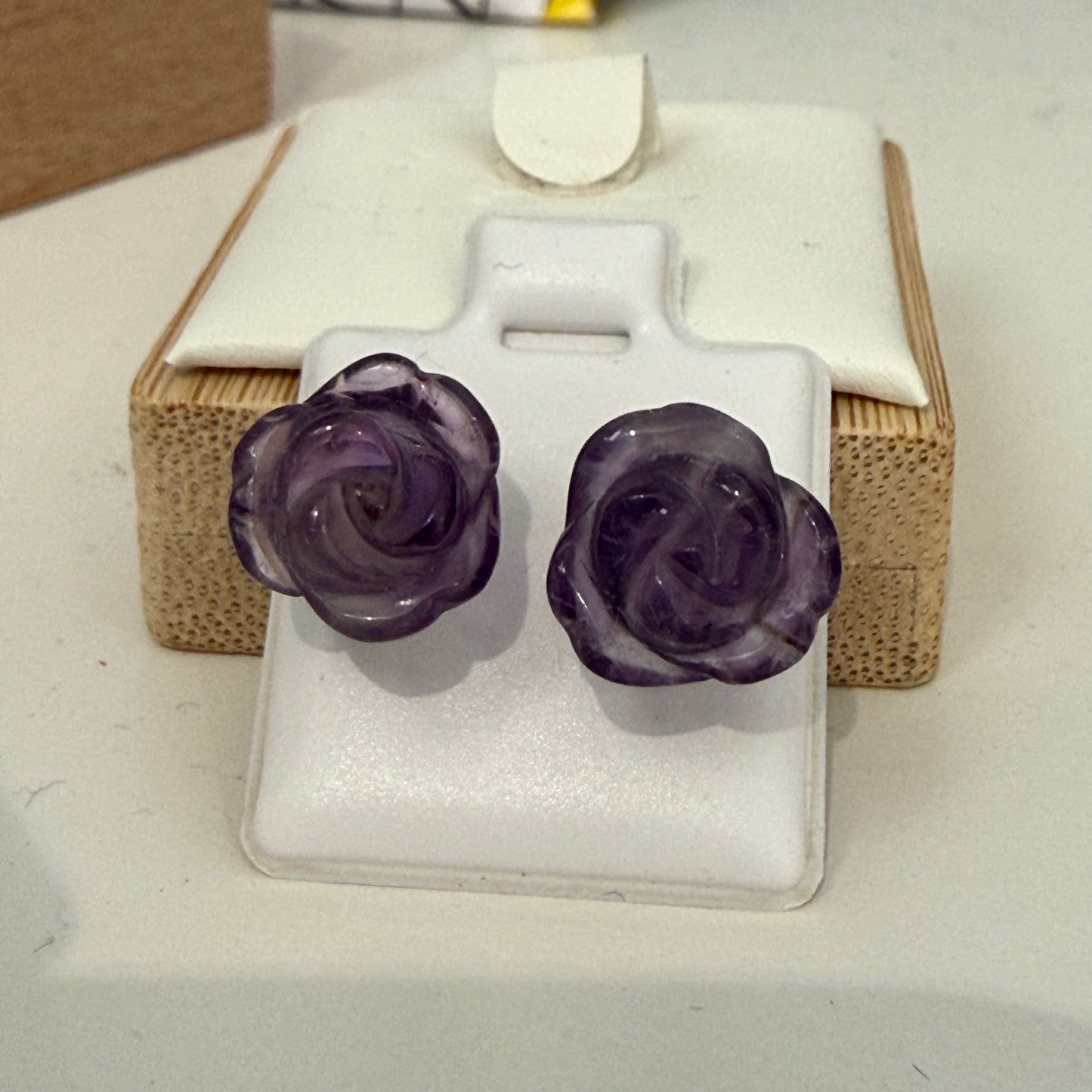 Carved Amethyst Rose Stud Earrings – 9 x 9 mm – Sterling Silver