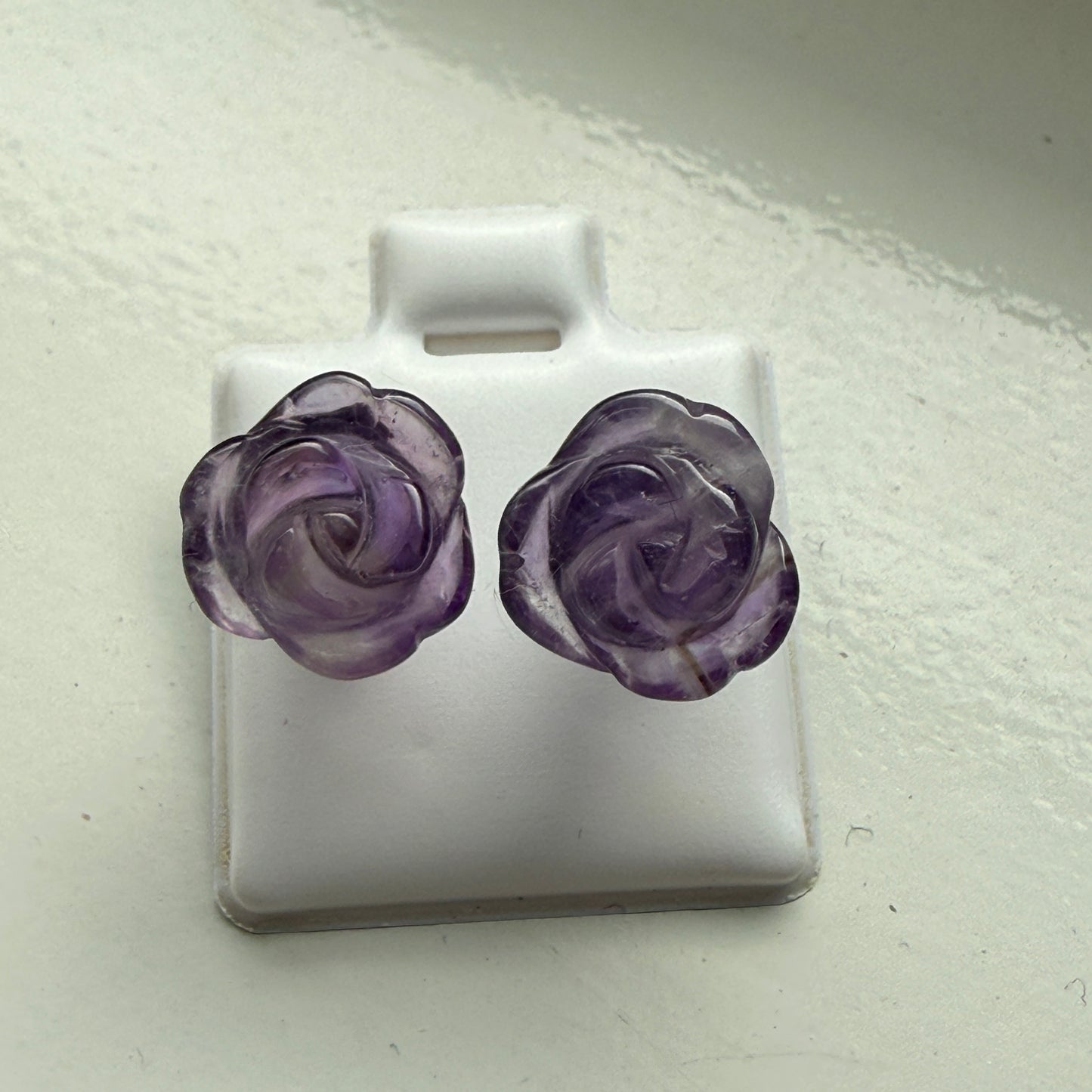 Carved Amethyst Rose Stud Earrings – 9 x 9 mm – Sterling Silver