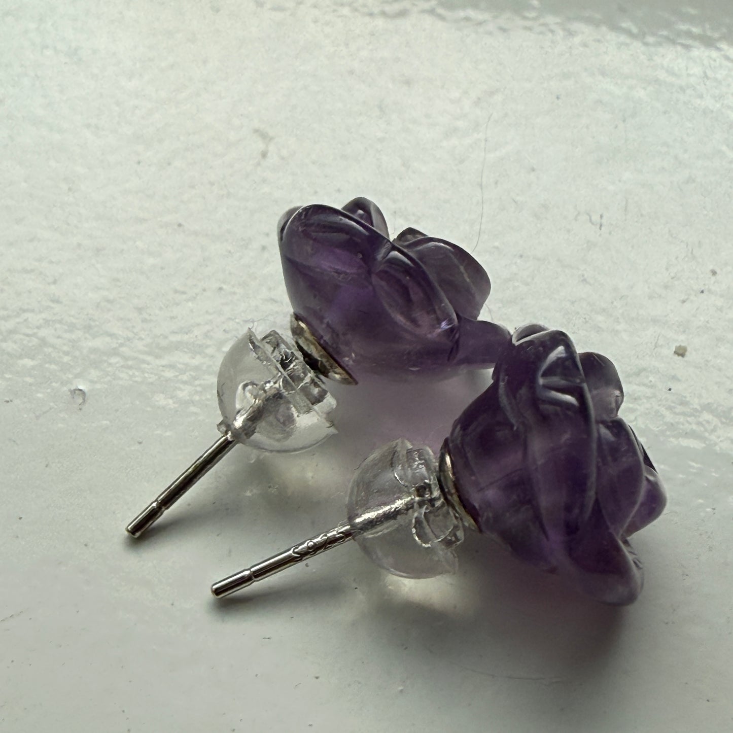 Carved Amethyst Rose Stud Earrings – 9 x 9 mm – Sterling Silver