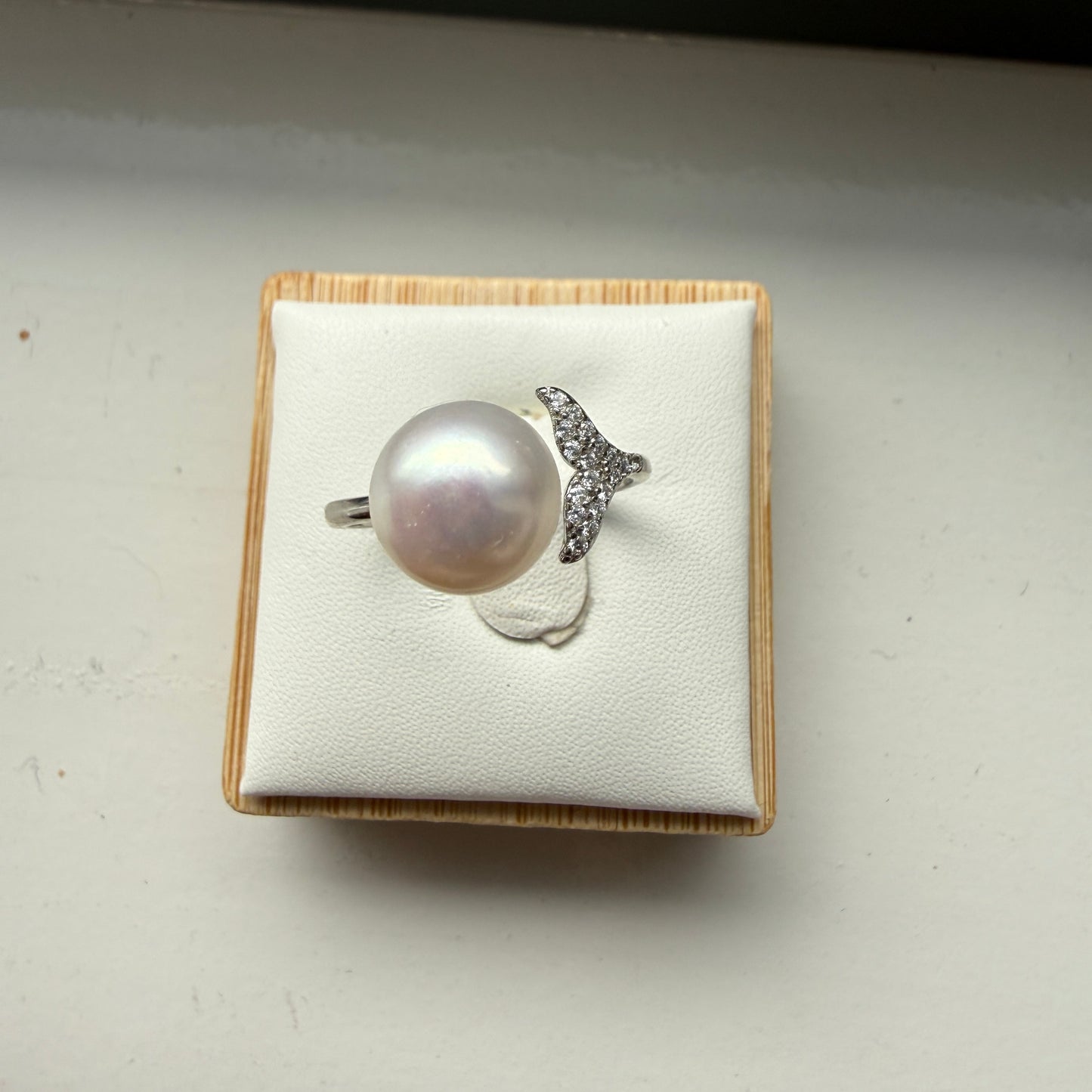 Freshwater Pearl Whale Tail Ring – Adjustable Sterling Silver