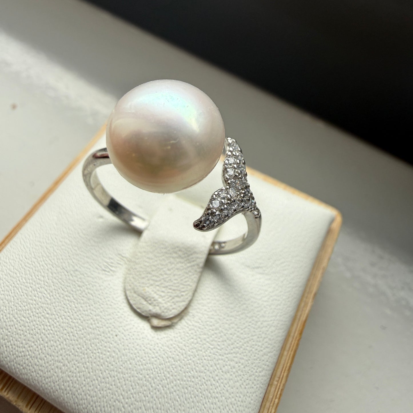 Freshwater Pearl Whale Tail Ring – Adjustable Sterling Silver