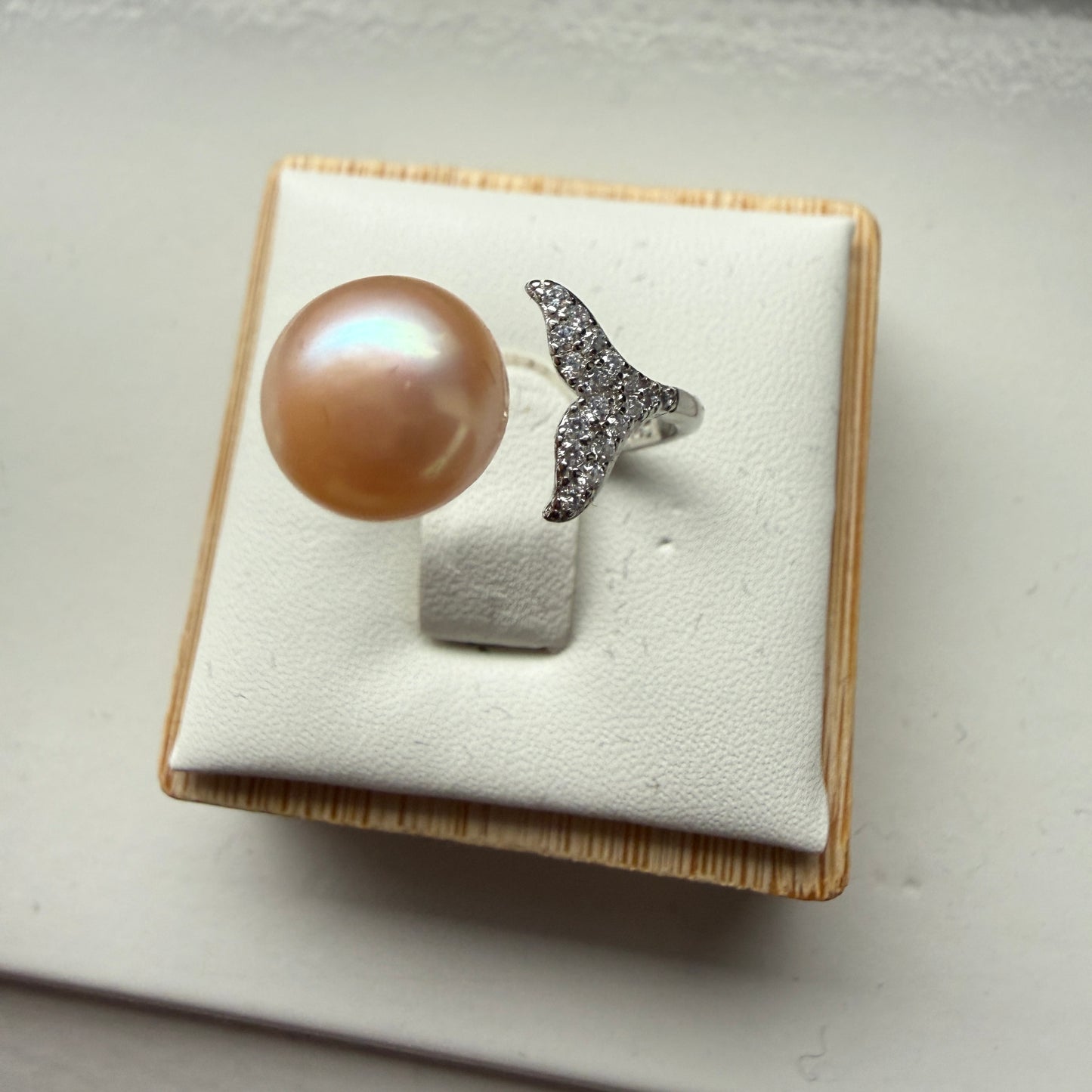 Orange Freshwater Pearl Whale Tail Ring – Adjustable Sterling Silver (7 mm Pearl)