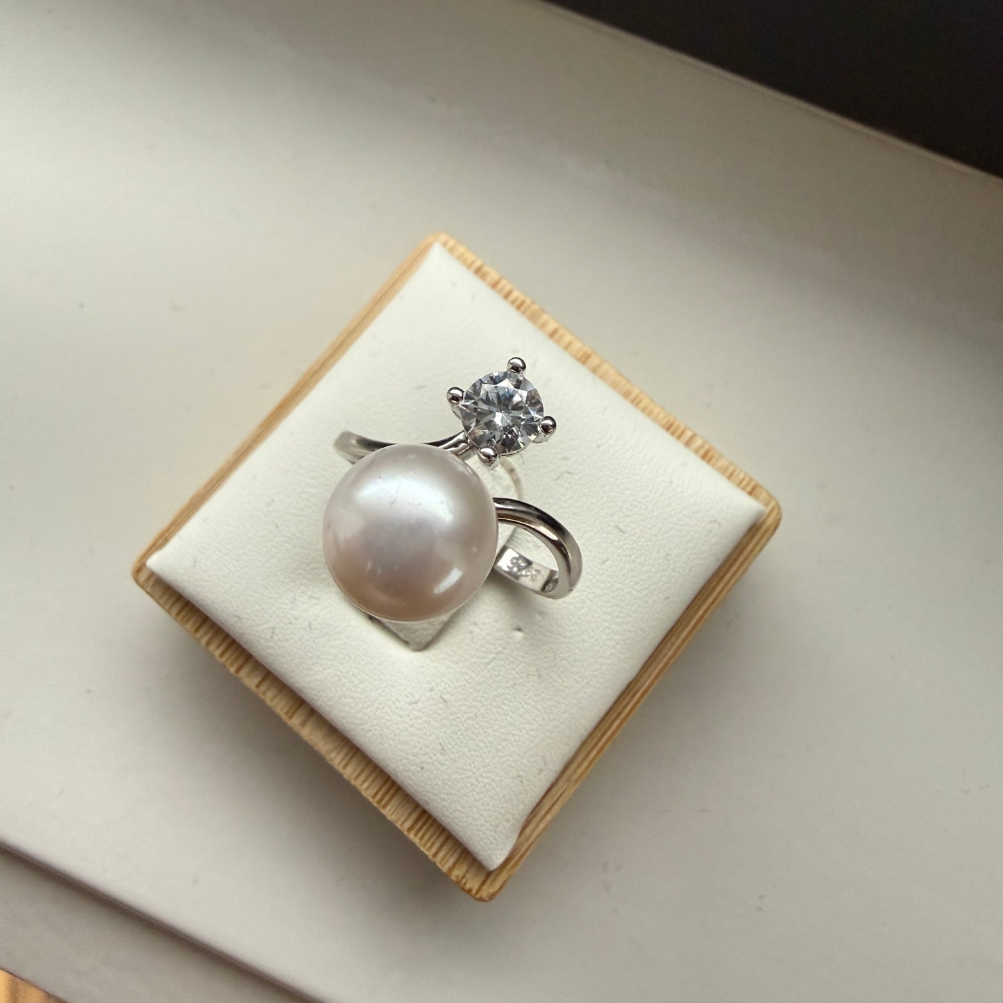 White Freshwater Pearl Ring with CZ Accent – Adjustable Sterling Silver (7 mm Pearl)