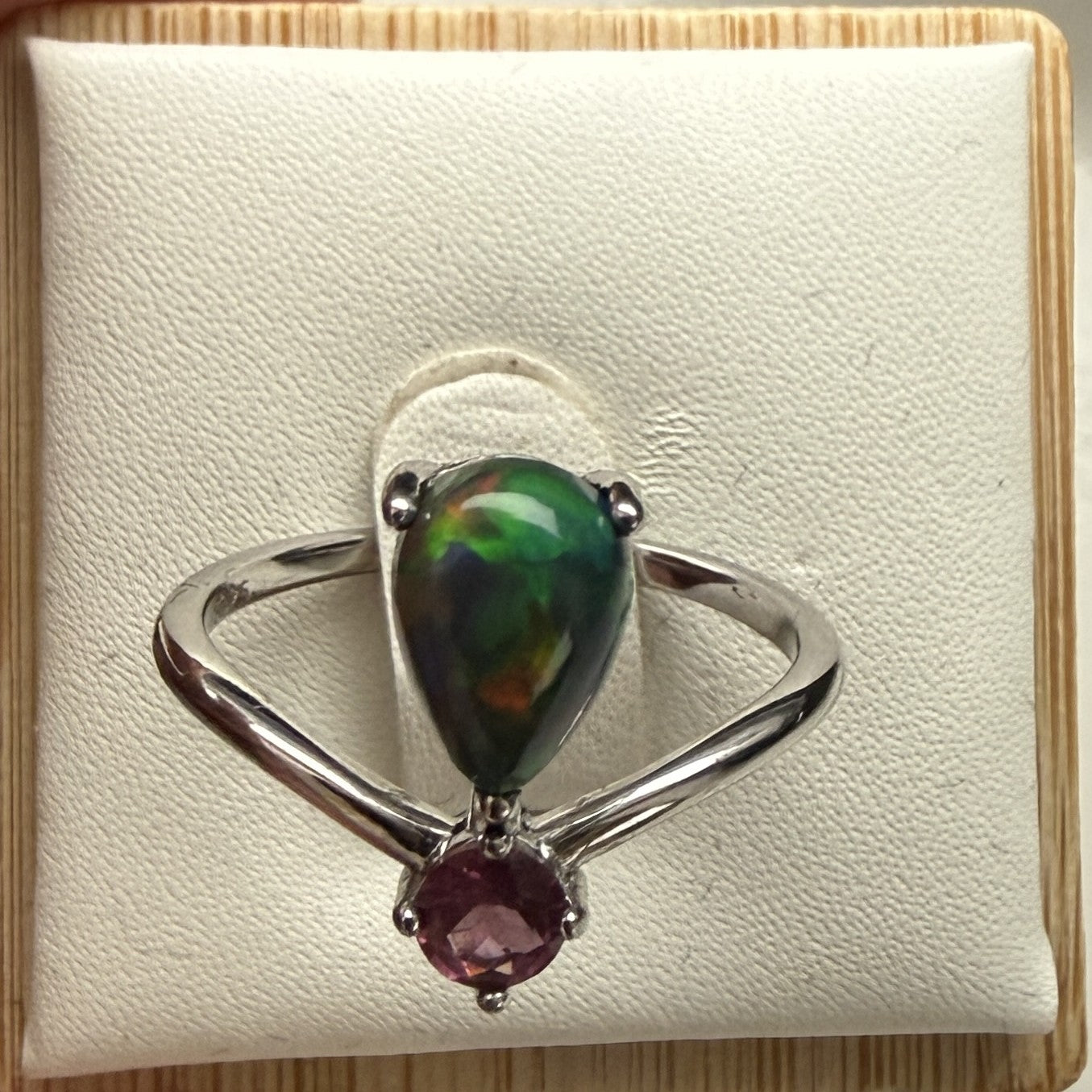 Teardrop Black Opal and Pink Tourmaline Ring – Sterling Silver Size 7.5