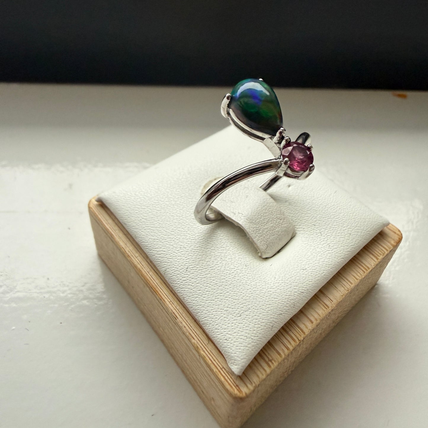 Teardrop Black Opal and Pink Tourmaline Ring – Sterling Silver Size 7.5