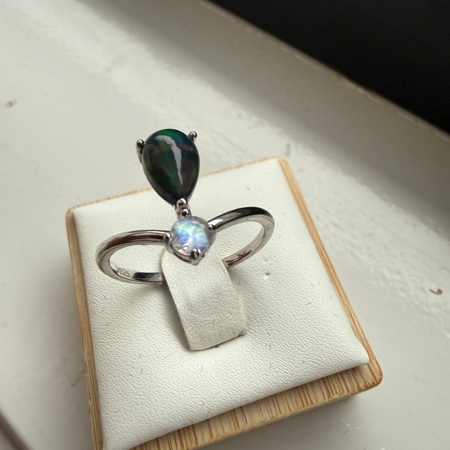 Black Opal and Rainbow Moonstone Ring on sterling silver, size 9.
