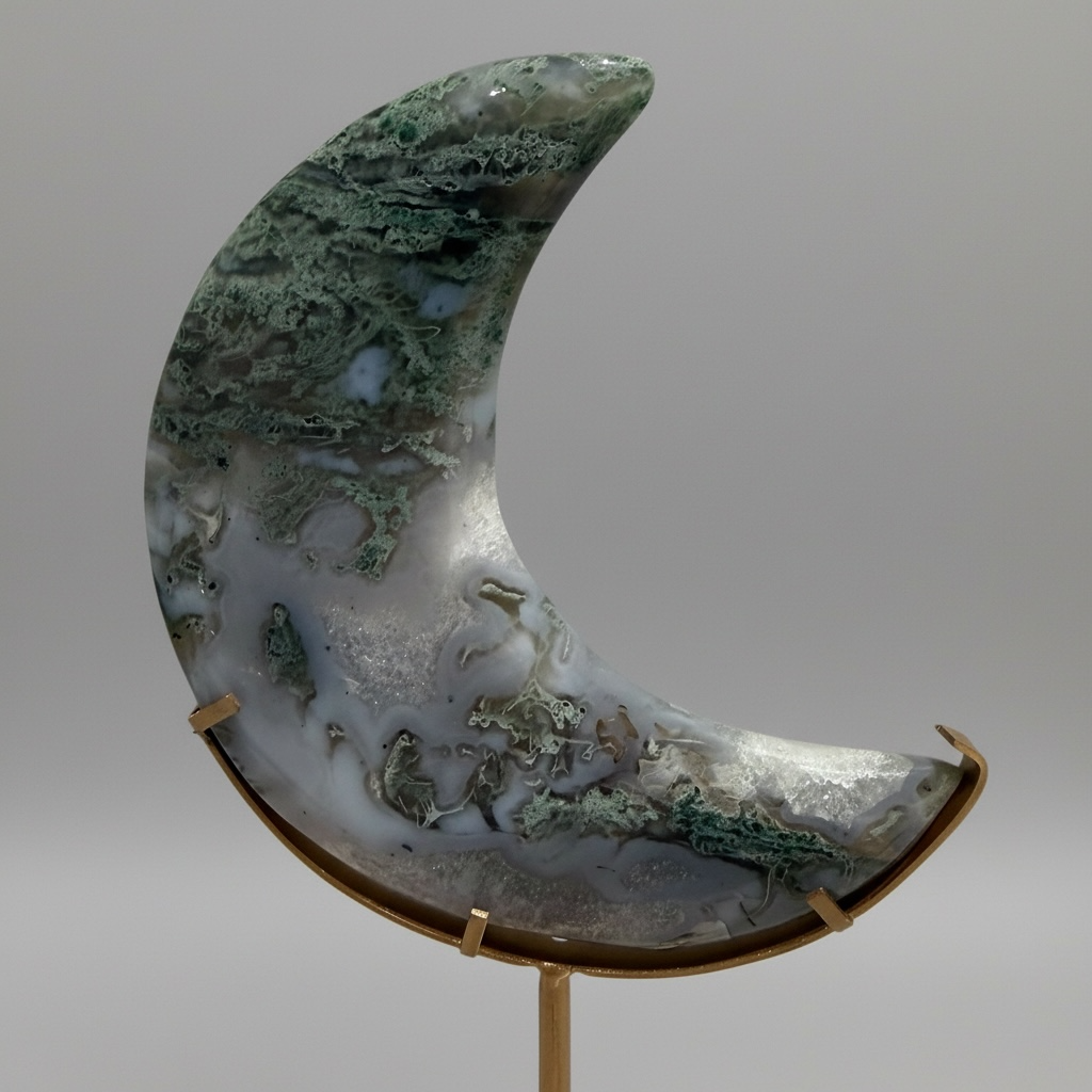 Moss Agate Crescent Moon on Gold Stand – 12.5 x 11 cm (22 cm with Stand) C14