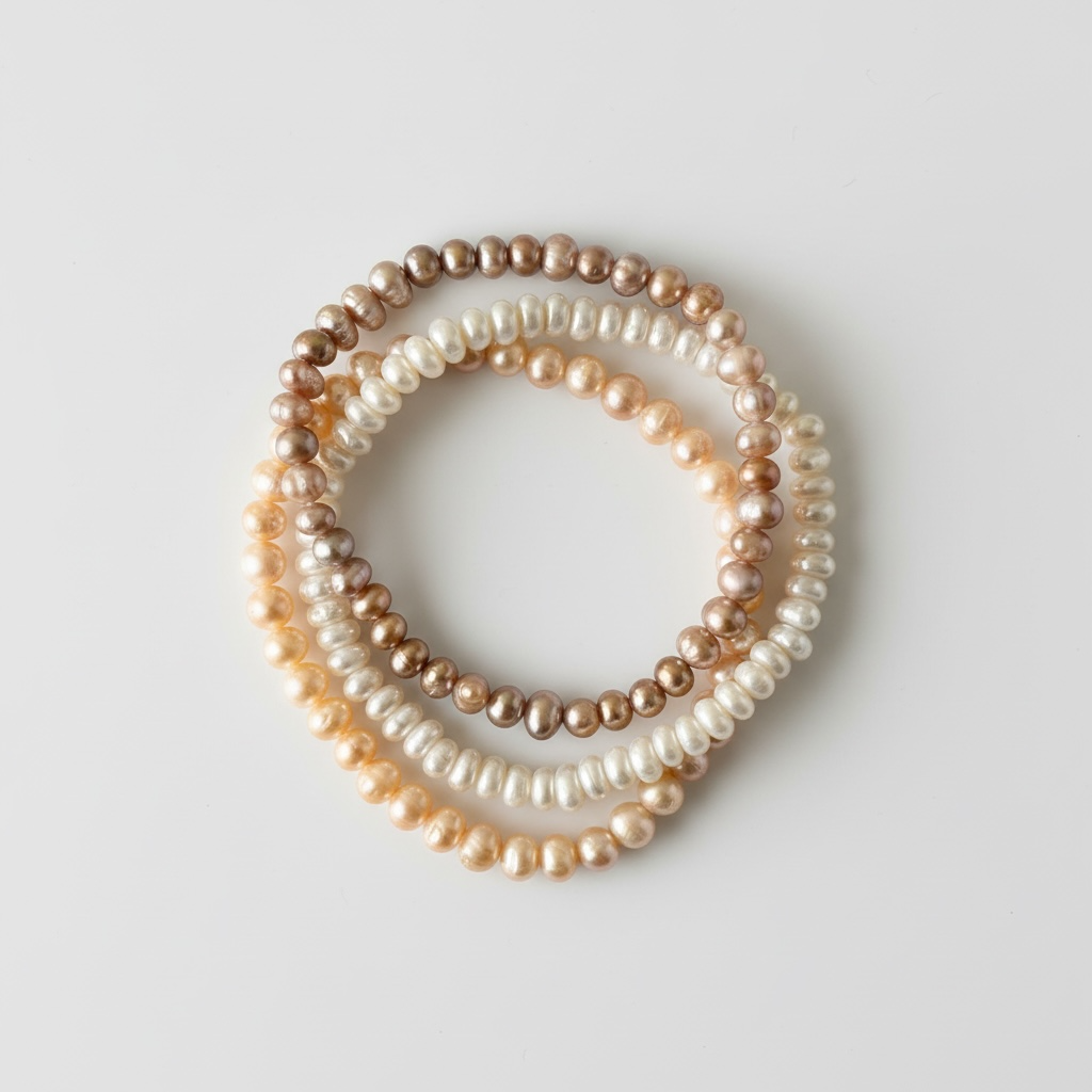 Set of three natural freshwater pearl bracelets with irregular 3–5 mm beads. Cream, champagne, and mocha tones for soft, timeless elegance.