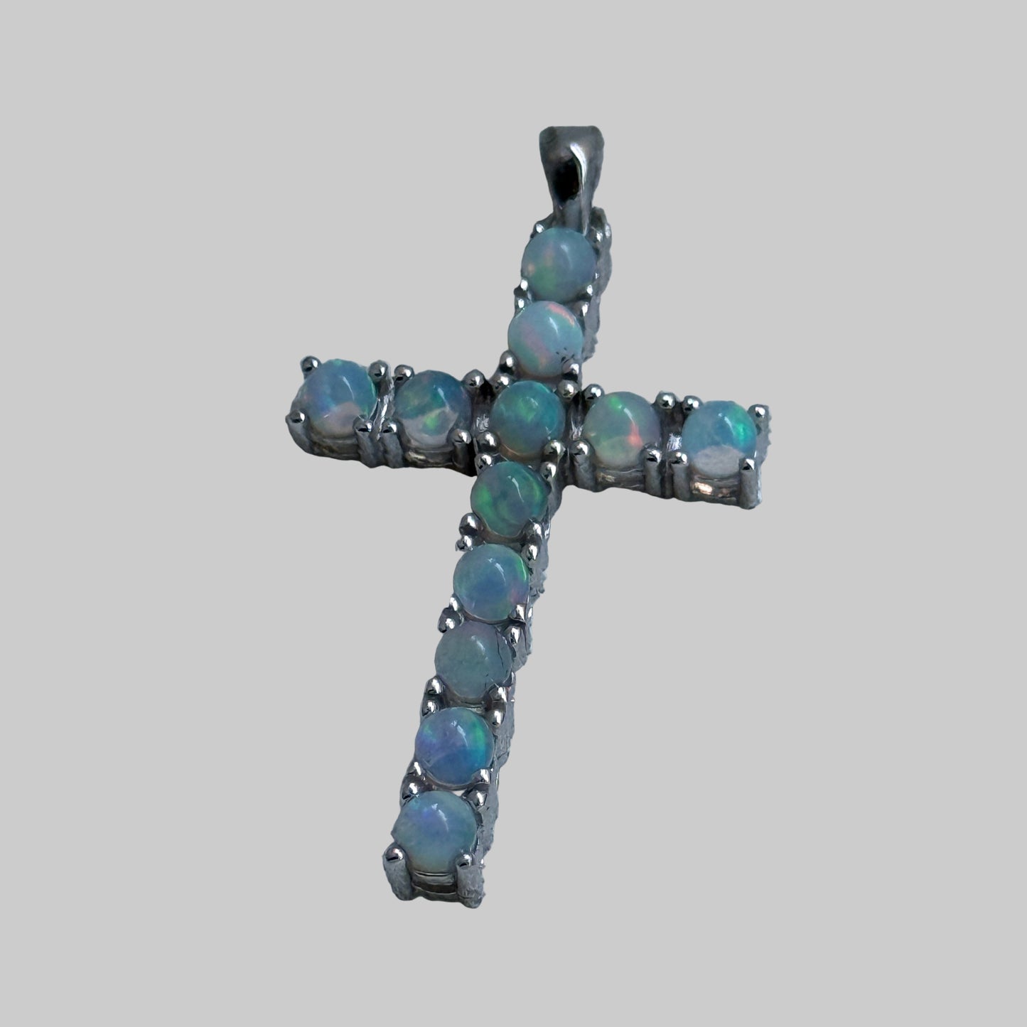 Luminous Opal Faith Cross Pendant – Sterling Silver (3 x 2 cm)