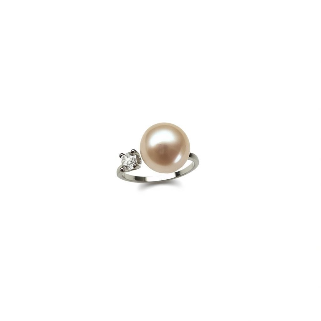 Peach Freshwater Pearl Ring with CZ Accent – Adjustable Sterling Silver (9 mm Pearl)