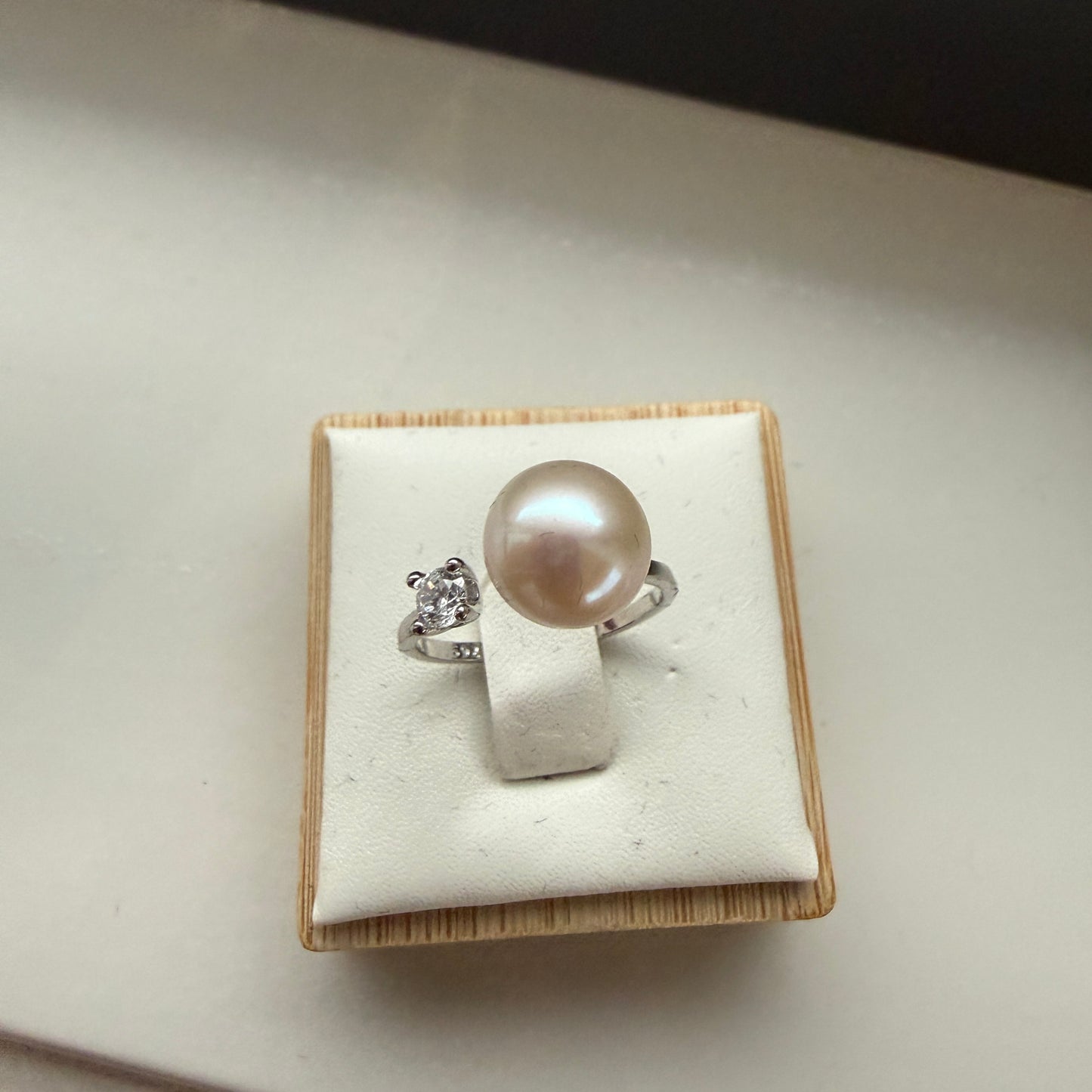 Peach Freshwater Pearl Ring with CZ Accent – Adjustable Sterling Silver (9 mm Pearl)