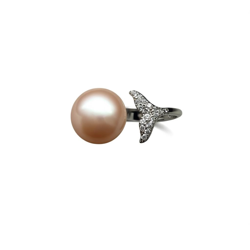 Pink Freshwater Pearl Whale Tail Ring – Adjustable Sterling Silver (9 mm Pearl)