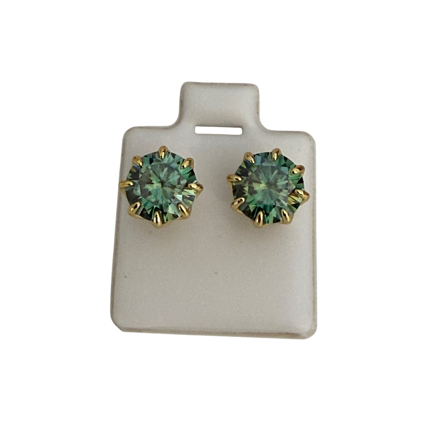 Green Moissanite Stud Earrings – 8 mm (2 ct each) – Yellow Gold Plated Sterling Silver