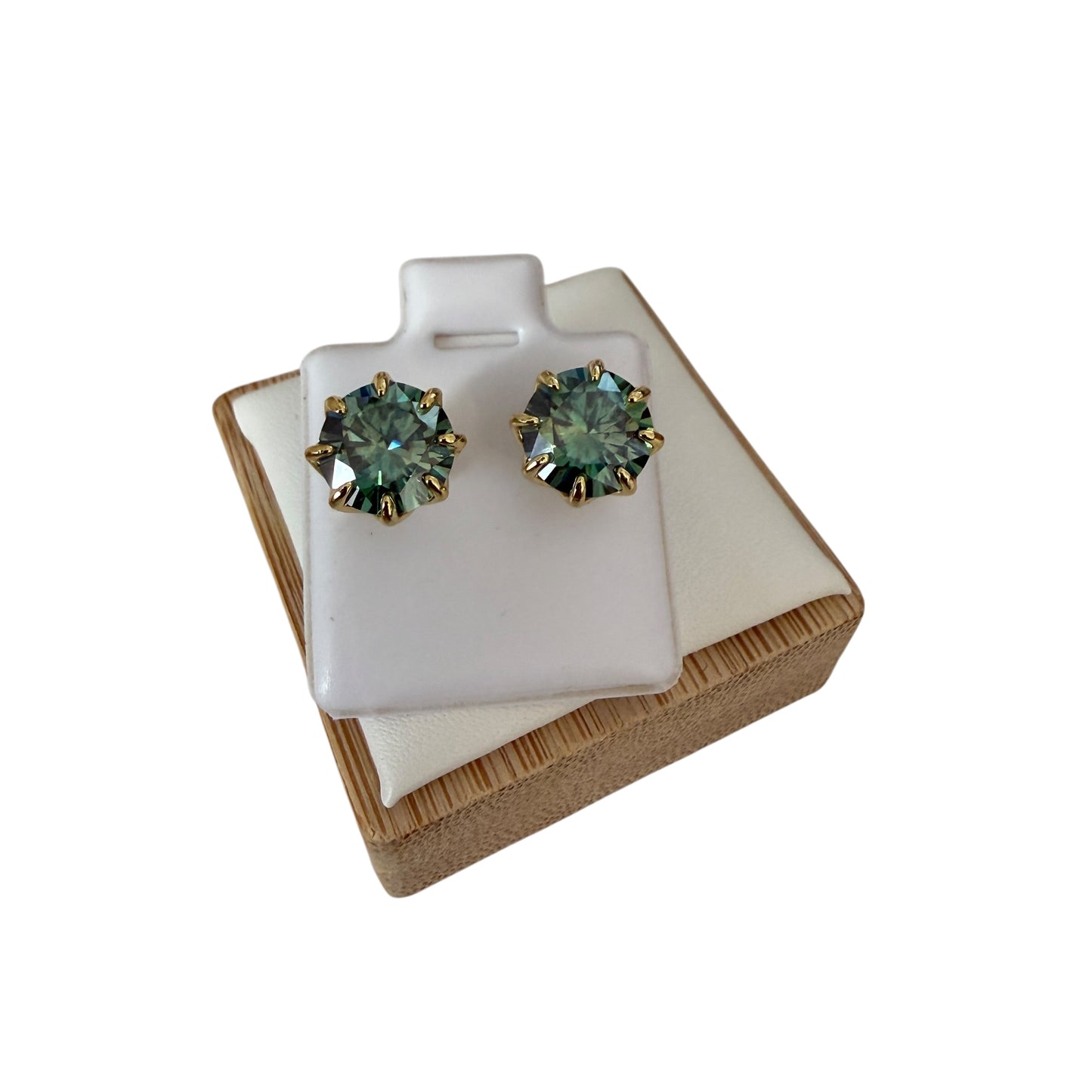 Green Moissanite Stud Earrings – 8 mm (2 ct each) – Yellow Gold Plated Sterling Silver