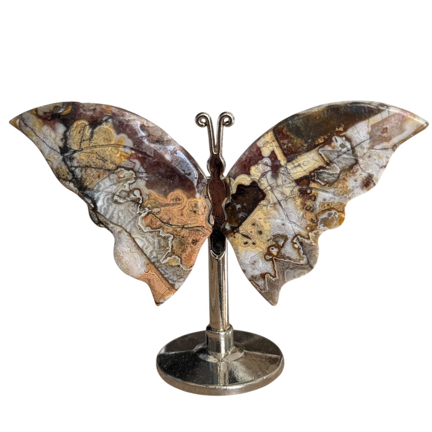 Crazy Lace Agate Butterfly on Stand – approx. 6 to 7 cm tall