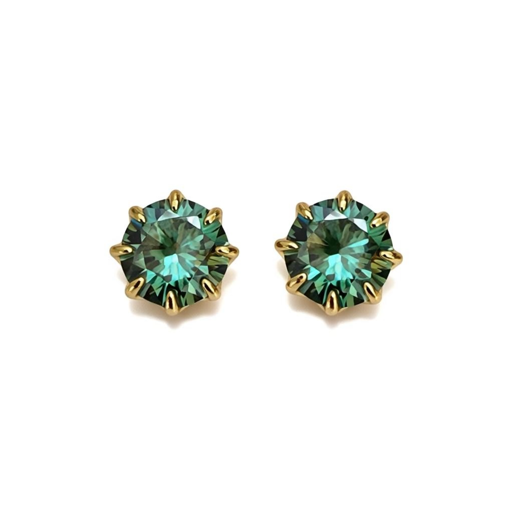 Green Moissanite Stud Earrings – 8 mm (2 ct each) – Yellow Gold Plated Sterling Silver