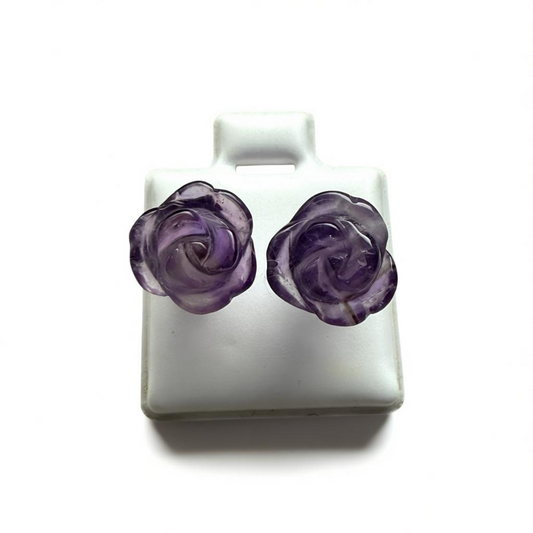 Carved Amethyst Rose Stud Earrings – 9 x 9 mm – Sterling Silver