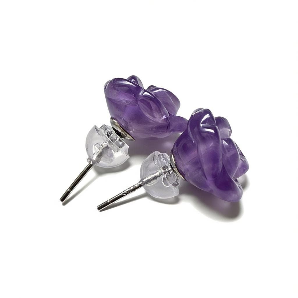 Carved Amethyst Rose Stud Earrings – 9 x 9 mm – Sterling Silver