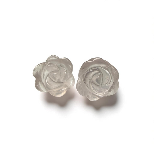 Carved Rose Quartz Rose Stud Earrings – 9 x 9 mm – Sterling Silver
