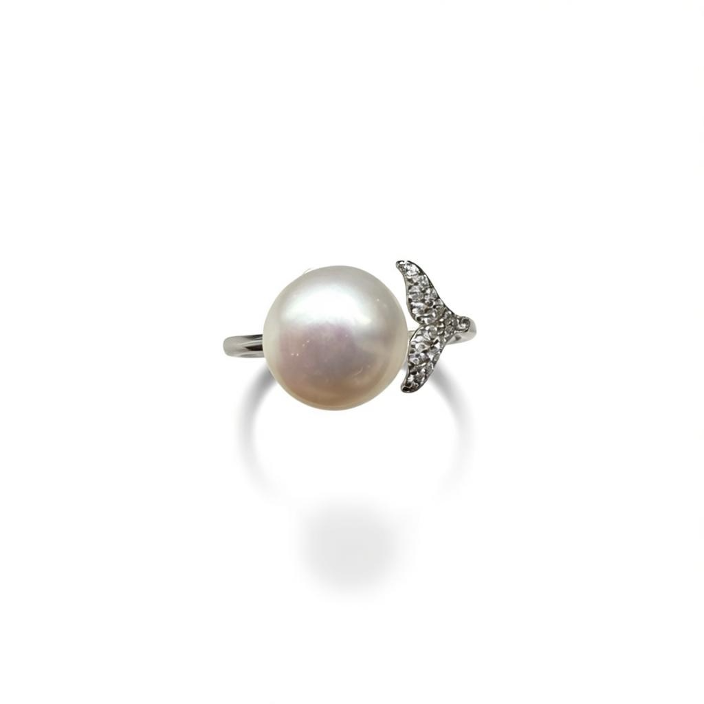 Freshwater Pearl Whale Tail Ring – Adjustable Sterling Silver