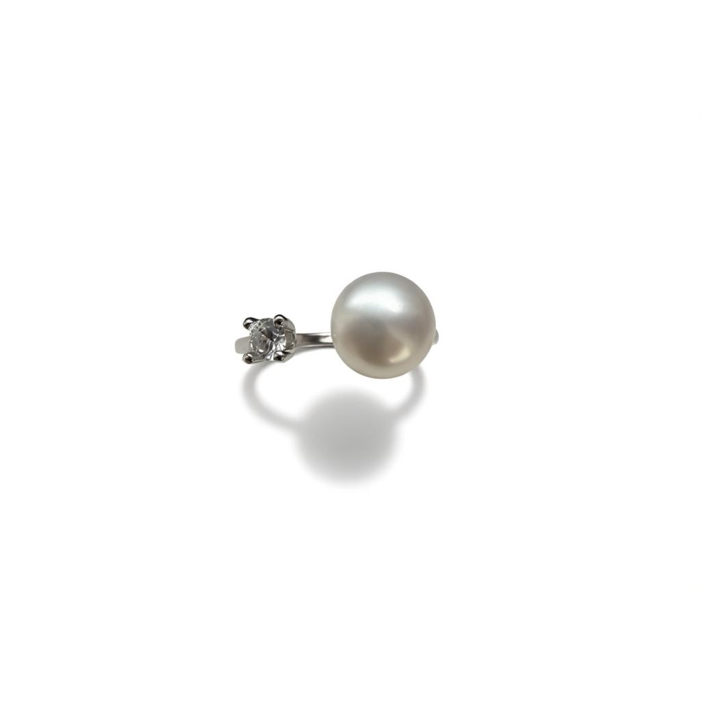 White Freshwater Pearl Ring with CZ Accent – Adjustable Sterling Silver (7 mm Pearl)