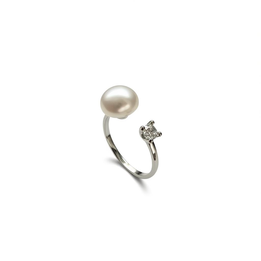 White Freshwater Pearl Ring with CZ Accent – Adjustable Sterling Silver (7 mm Pearl)
