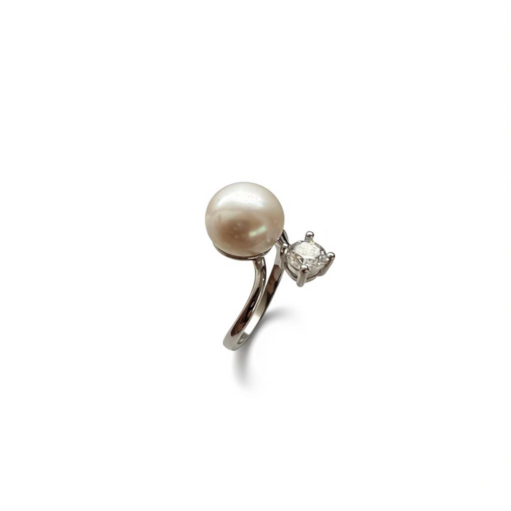 White Freshwater Pearl Ring with CZ Accent – Adjustable Sterling Silver (9 mm Pearl)