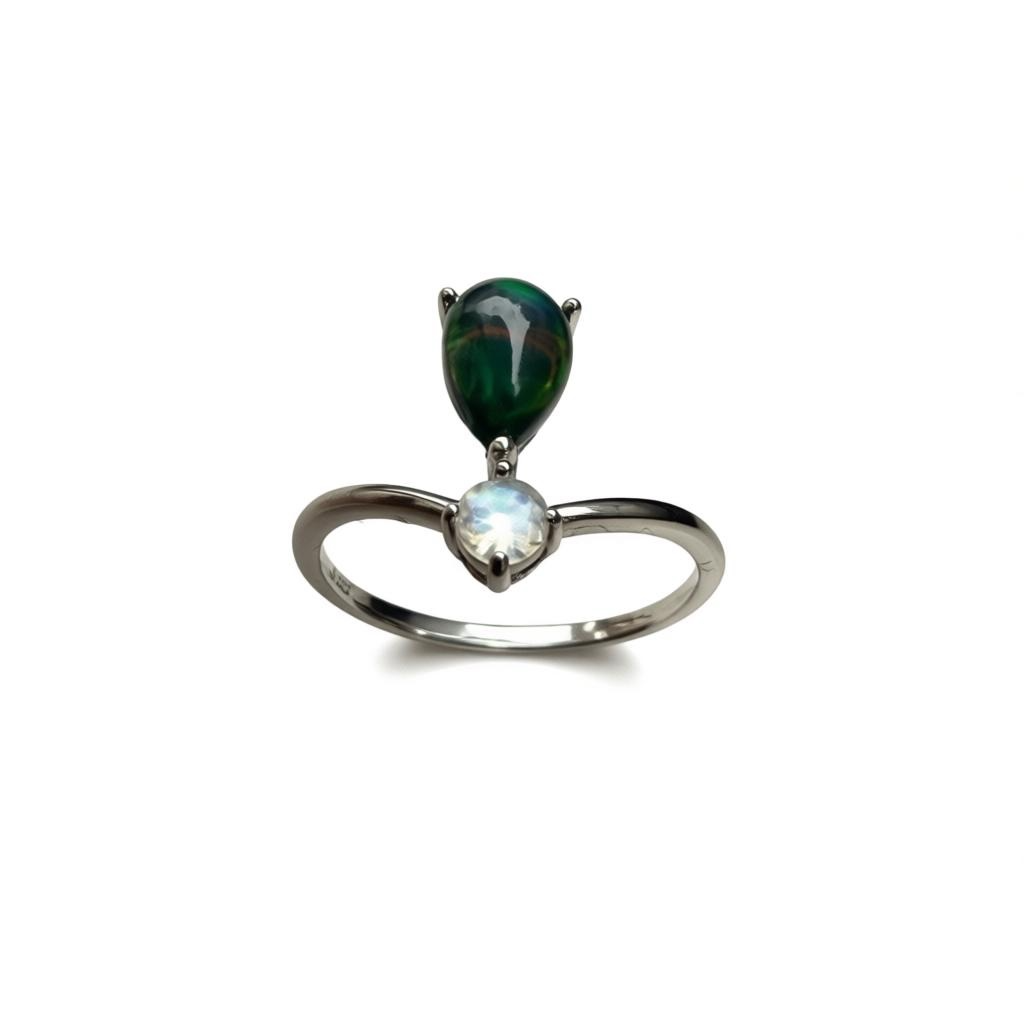 Black Opal and Rainbow Moonstone Ring on sterling silver, size 9.