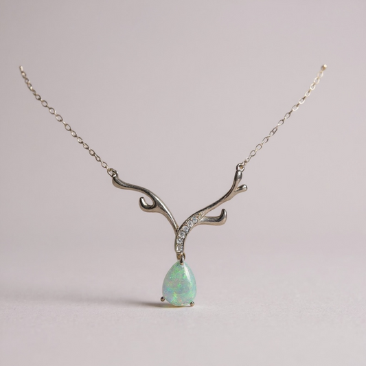 Opal Teardrop Antler Necklace – Sterling Silver Nature Pendant (20–23 cm)