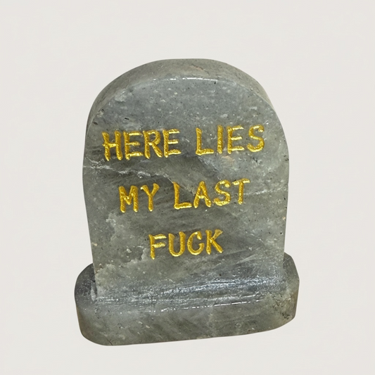 Labradorite Tombstone – “Here Lies My Last F*ck” (6.5 x 5.5 cm)