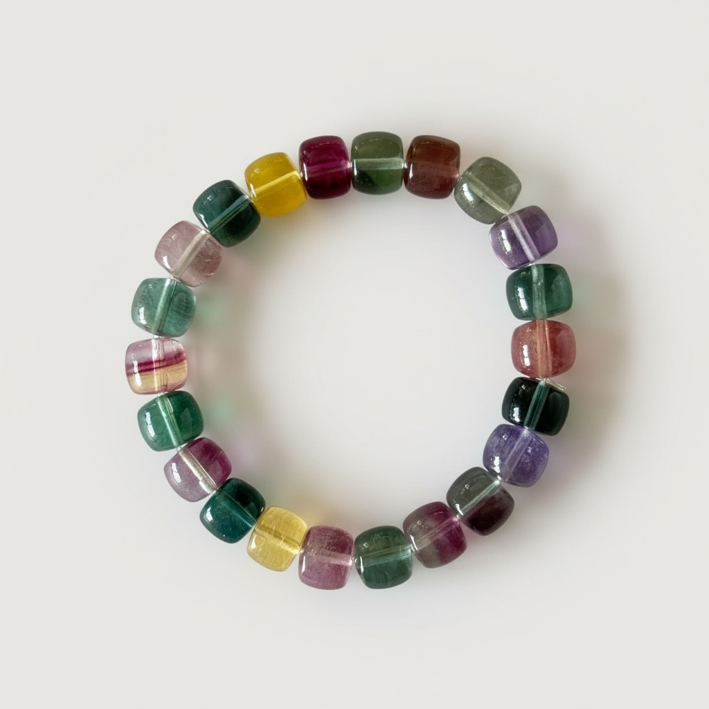 Natural 10 mm fluorite bracelet with rounded cube beads. Rainbow tones, clarity-supporting crystal energy, elastic fit.